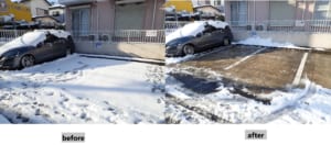 雪が降る前と降った後の動物病院駐車場